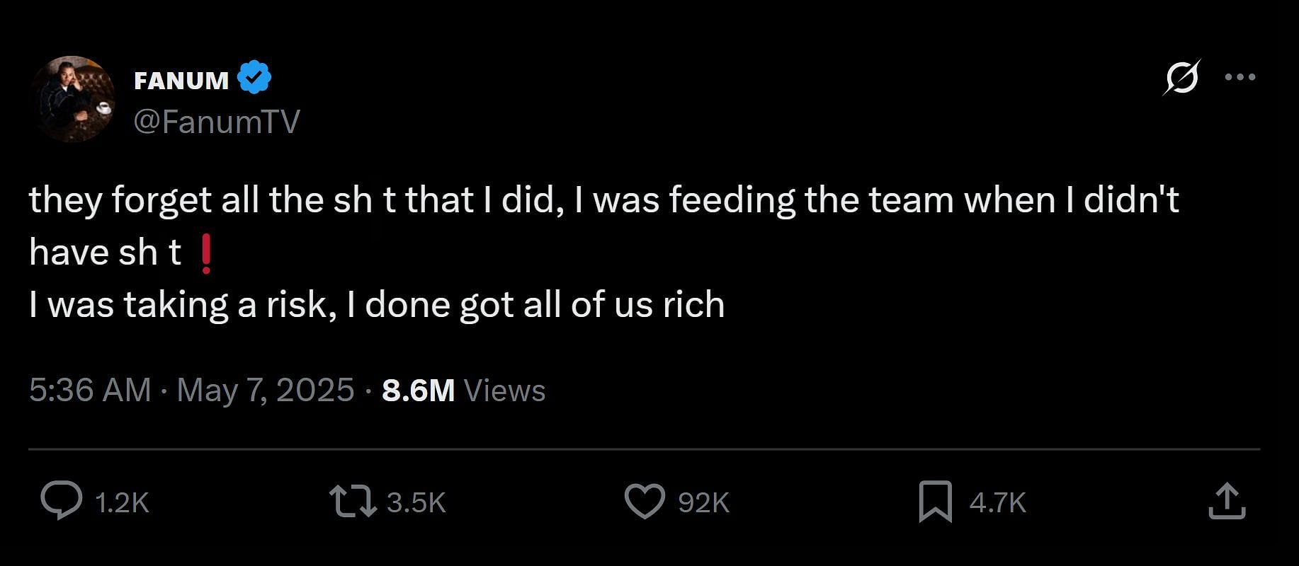 The post on X that went viral (Image via X/@FanumTV)
